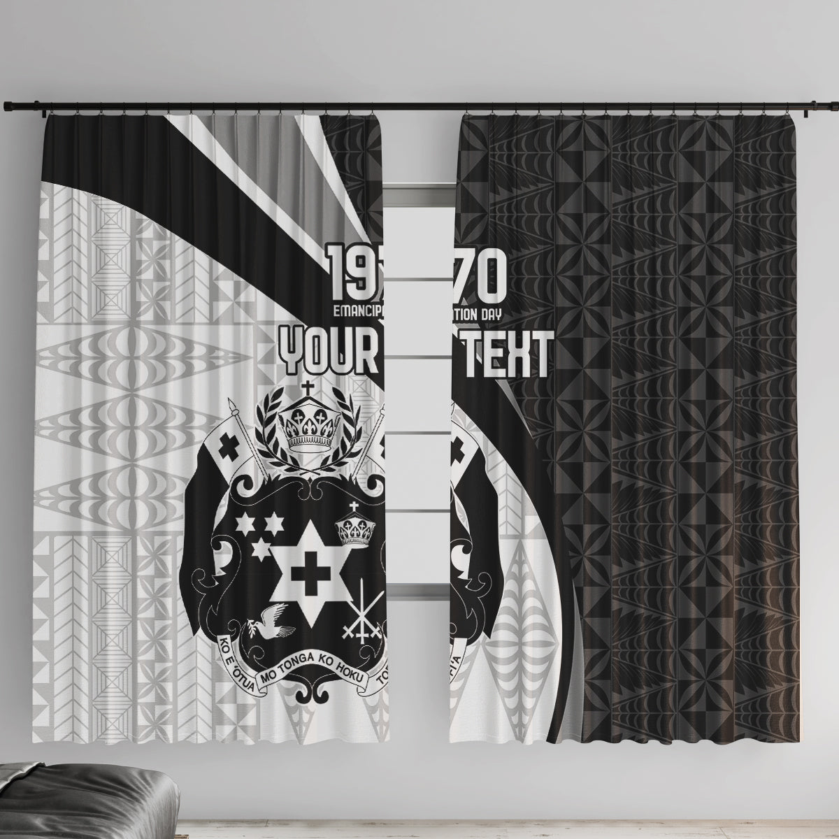 Personalised Tonga Emancipation Day Window Curtain Since 1970 Ngatu Tribal Pattern LT9 With Hooks Black - Polynesian Pride