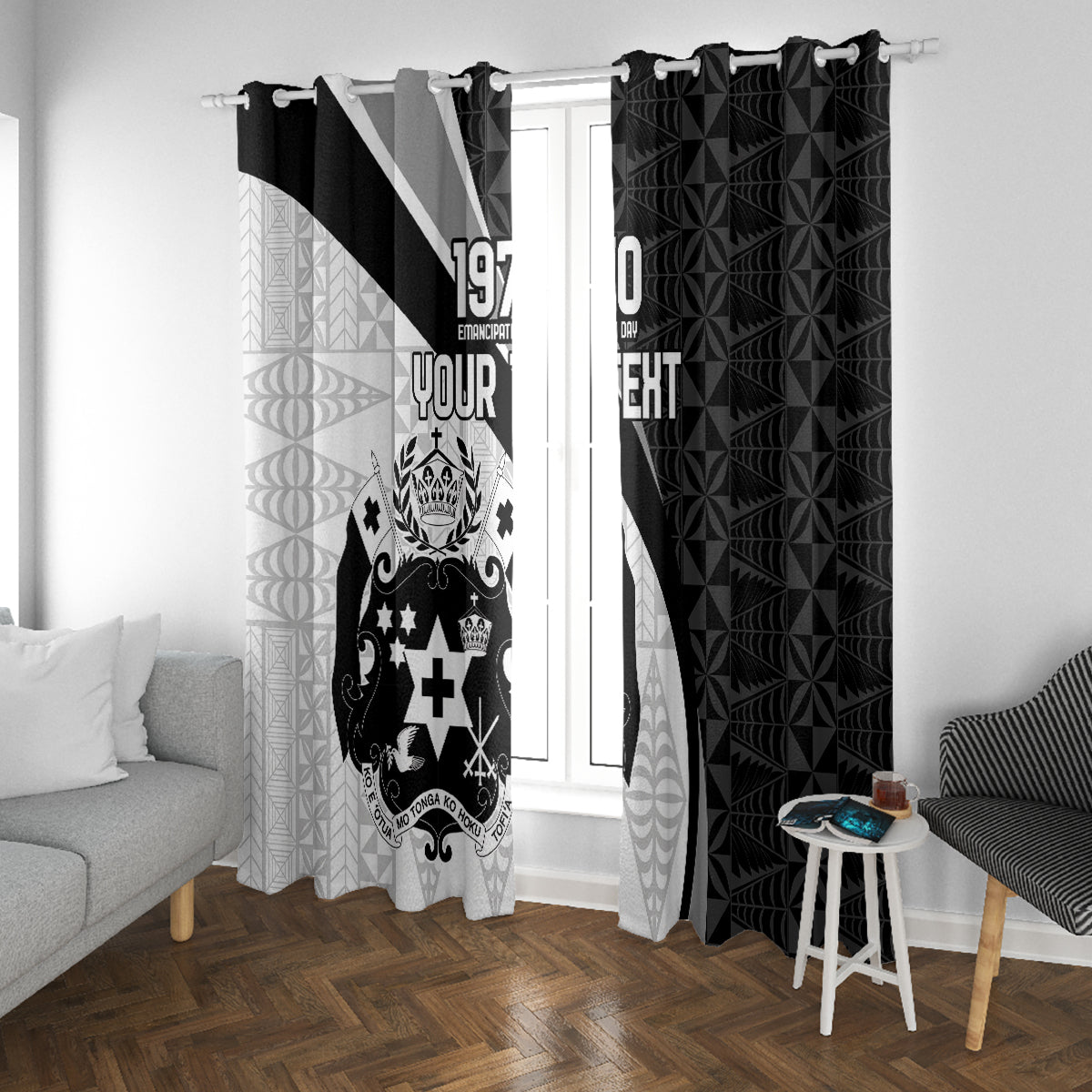 Personalised Tonga Emancipation Day Window Curtain Since 1970 Ngatu Tribal Pattern LT9 With Grommets Black - Polynesian Pride