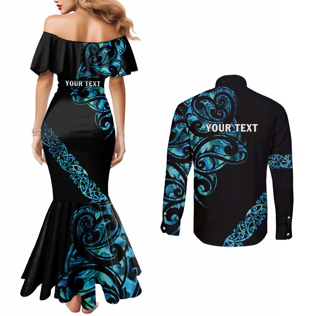 All Black Maori Tribal Tattoo Personalised Couples Matching Mermaid Dress and Long Sleeve Button Shirt Polynesian Style