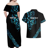 All Black Maori Tribal Tattoo Personalised Couples Matching Off Shoulder Maxi Dress and Hawaiian Shirt Polynesian Style