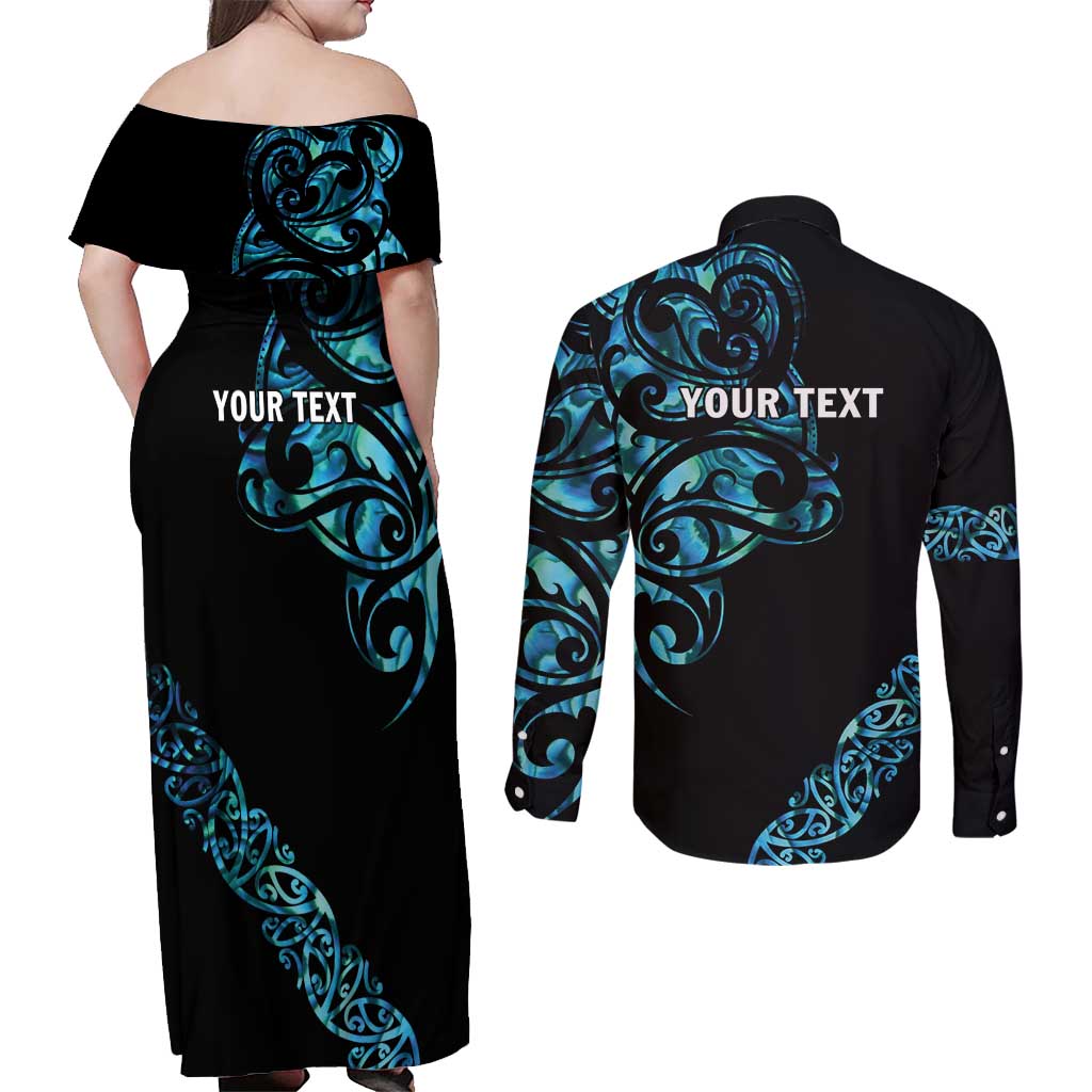 All Black Maori Tribal Tattoo Personalised Couples Matching Off Shoulder Maxi Dress and Long Sleeve Button Shirt Polynesian Style