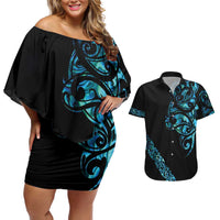 All Black Maori Tribal Tattoo Personalised Couples Matching Off Shoulder Short Dress and Hawaiian Shirt Polynesian Style