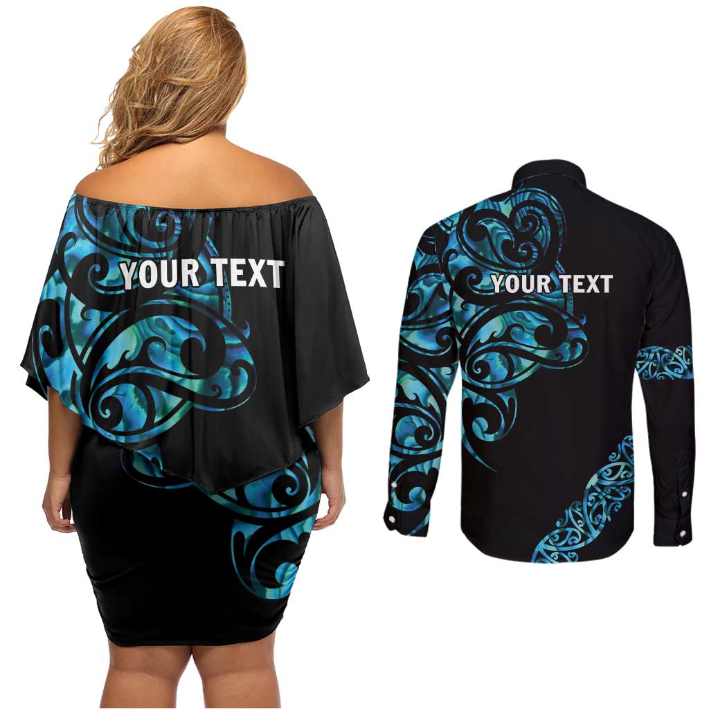 All Black Maori Tribal Tattoo Personalised Couples Matching Off Shoulder Short Dress and Long Sleeve Button Shirt Polynesian Style