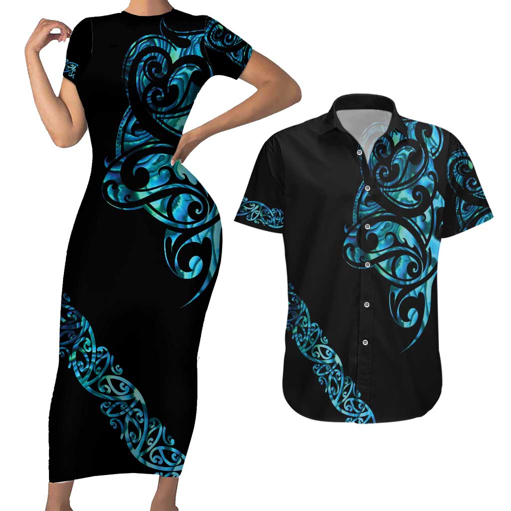 All Black Maori Tribal Tattoo Personalised Couples Matching Short Sleeve Bodycon Dress and Hawaiian Shirt Polynesian Style