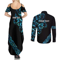All Black Maori Tribal Tattoo Personalised Couples Matching Summer Maxi Dress and Long Sleeve Button Shirt Polynesian Style