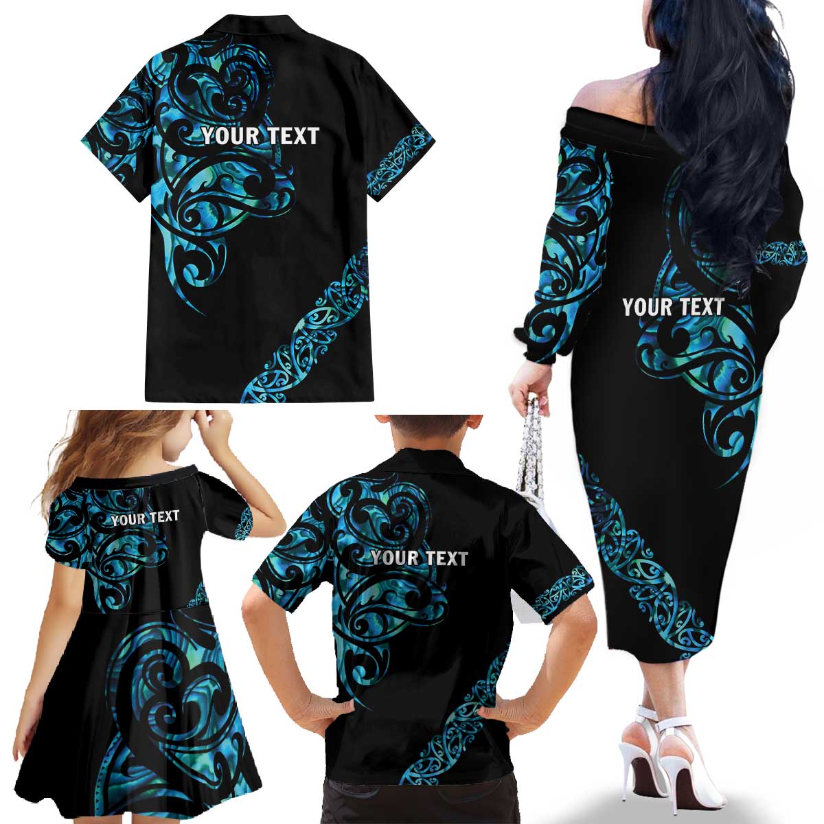 All Black Maori Tribal Tattoo Personalised Family Matching Off The Shoulder Long Sleeve Dress and Hawaiian Shirt Polynesian Style