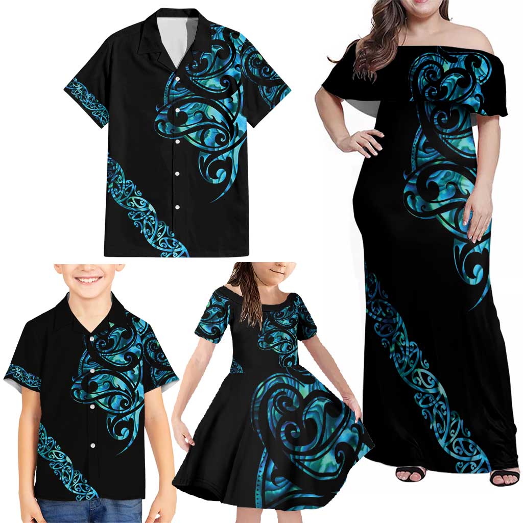 All Black Maori Tribal Tattoo Personalised Family Matching Off Shoulder Maxi Dress and Hawaiian Shirt Polynesian Style