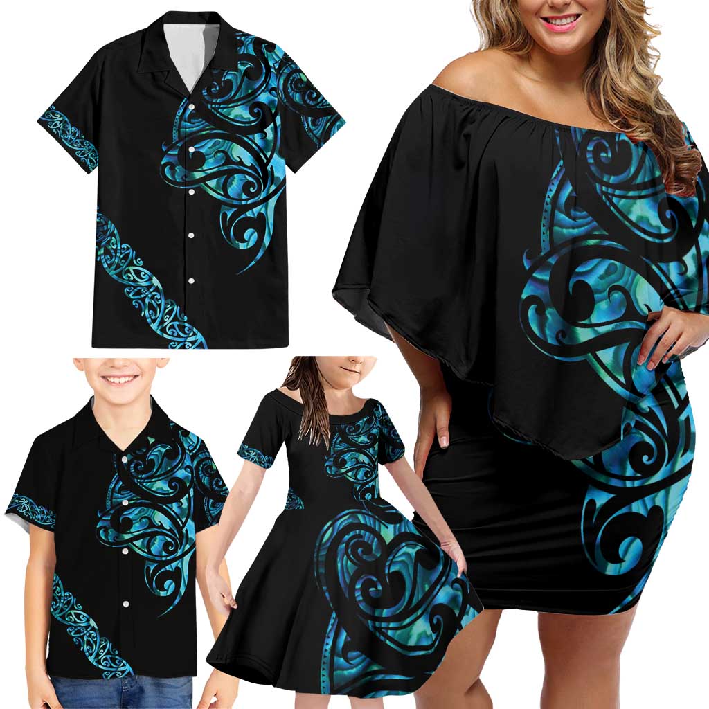 All Black Maori Tribal Tattoo Personalised Family Matching Off Shoulder Short Dress and Hawaiian Shirt Polynesian Style