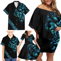 All Black Maori Tribal Tattoo Personalised Family Matching Off Shoulder Short Dress and Hawaiian Shirt Polynesian Style