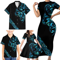 All Black Maori Tribal Tattoo Personalised Family Matching Short Sleeve Bodycon Dress and Hawaiian Shirt Polynesian Style