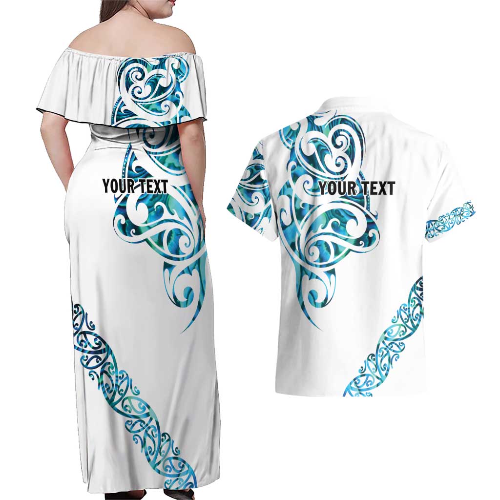 All White Maori Tribal Tattoo Personalised Couples Matching Off Shoulder Maxi Dress and Hawaiian Shirt Polynesian Style
