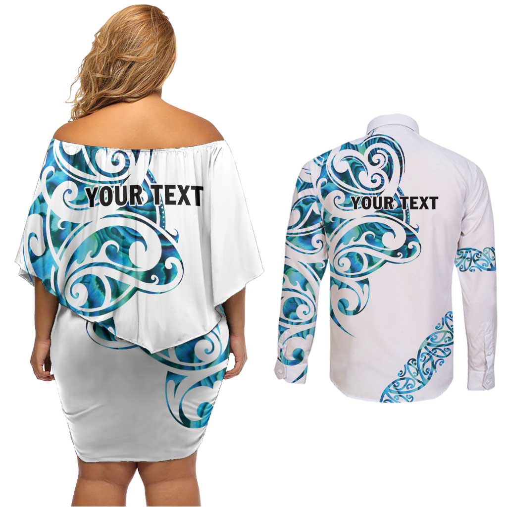 All White Maori Tribal Tattoo Personalised Couples Matching Off Shoulder Short Dress and Long Sleeve Button Shirt Polynesian Style