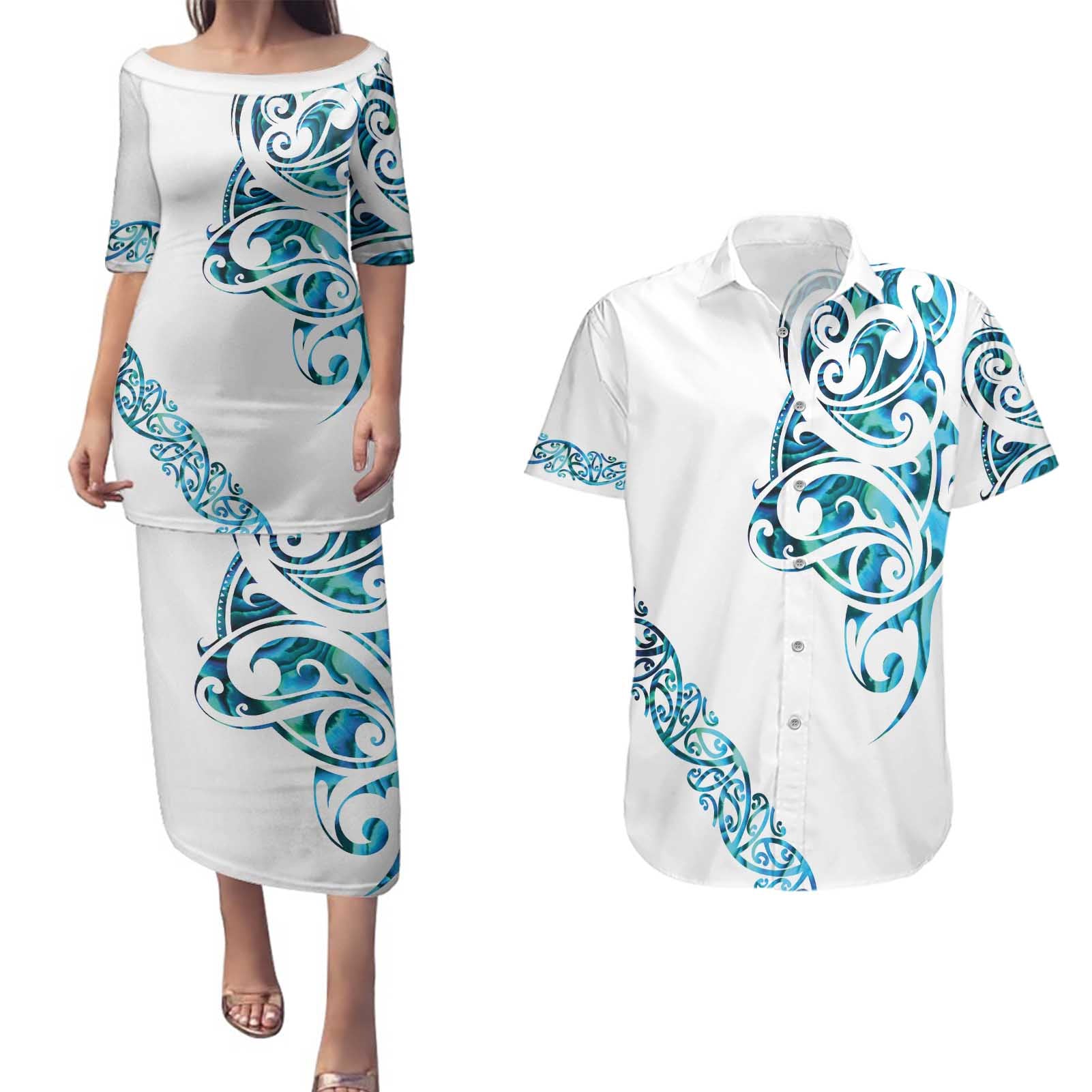 All White Maori Tribal Tattoo Personalised Couples Matching Puletasi and Hawaiian Shirt Polynesian Style