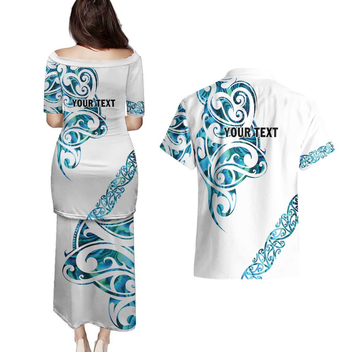 All White Maori Tribal Tattoo Personalised Couples Matching Puletasi and Hawaiian Shirt Polynesian Style