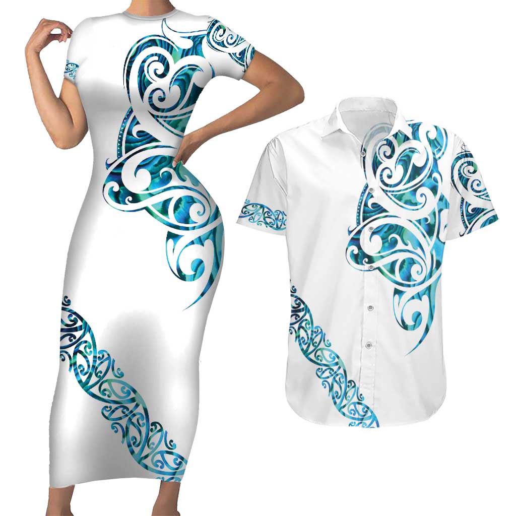 All White Maori Tribal Tattoo Personalised Couples Matching Short Sleeve Bodycon Dress and Hawaiian Shirt Polynesian Style