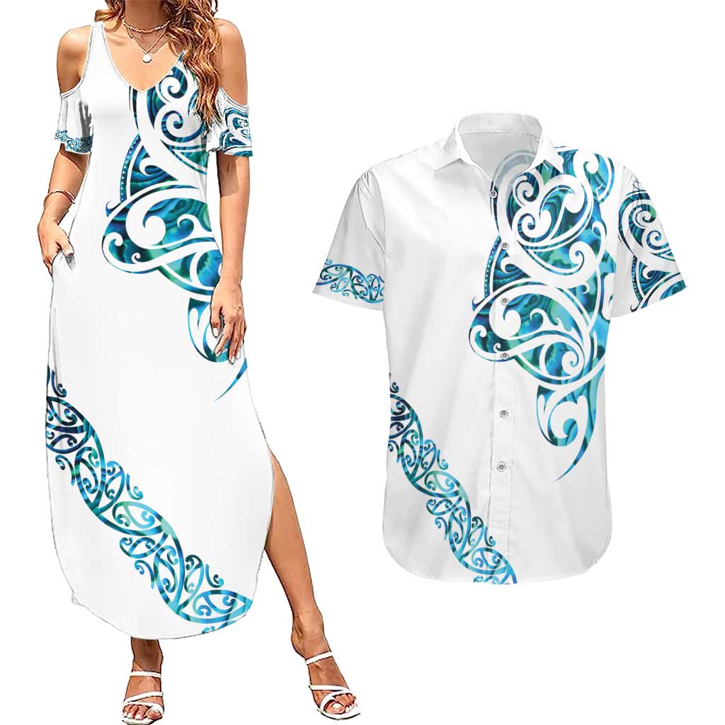 All White Maori Tribal Tattoo Personalised Couples Matching Summer Maxi Dress and Hawaiian Shirt Polynesian Style