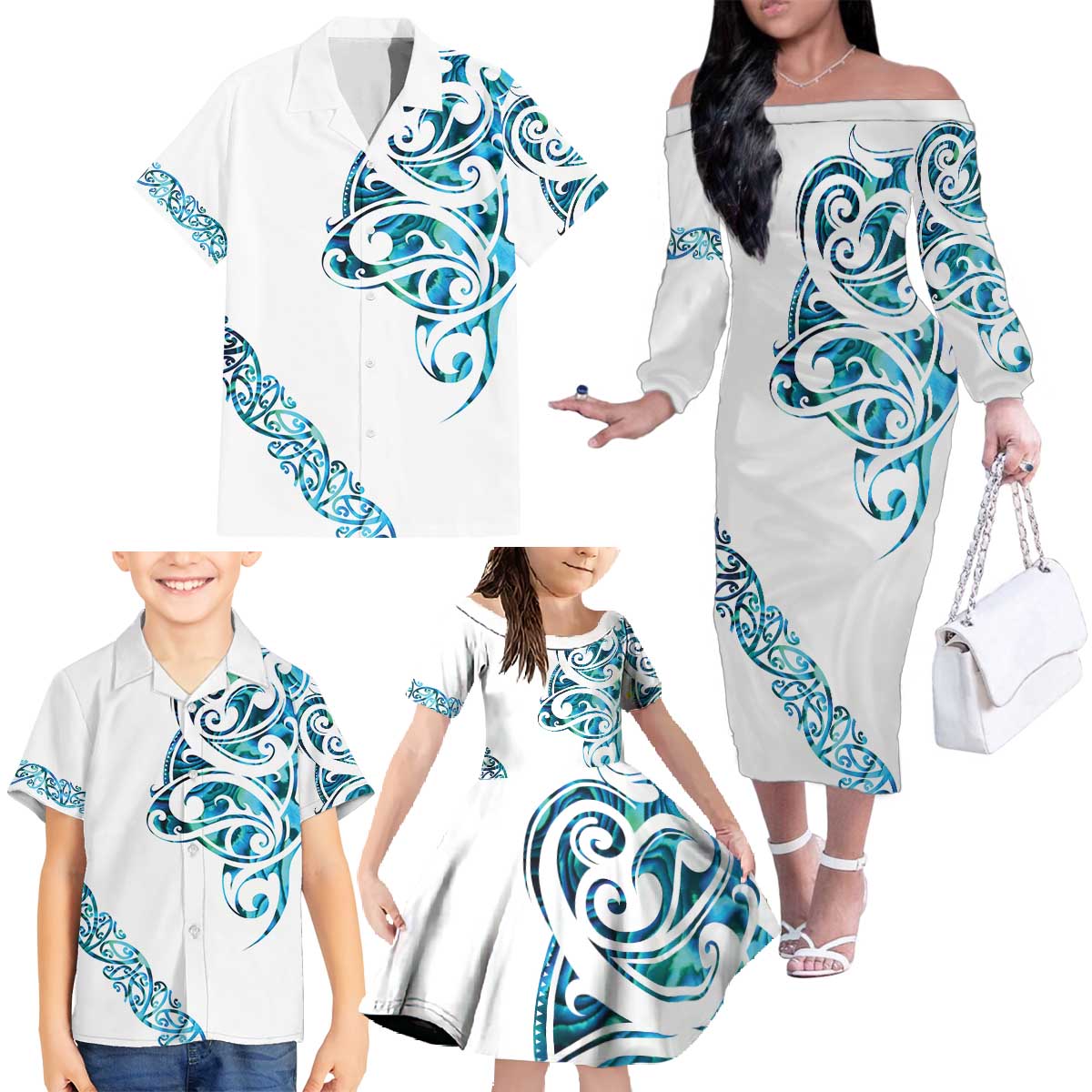 All White Maori Tribal Tattoo Personalised Family Matching Off The Shoulder Long Sleeve Dress and Hawaiian Shirt Polynesian Style