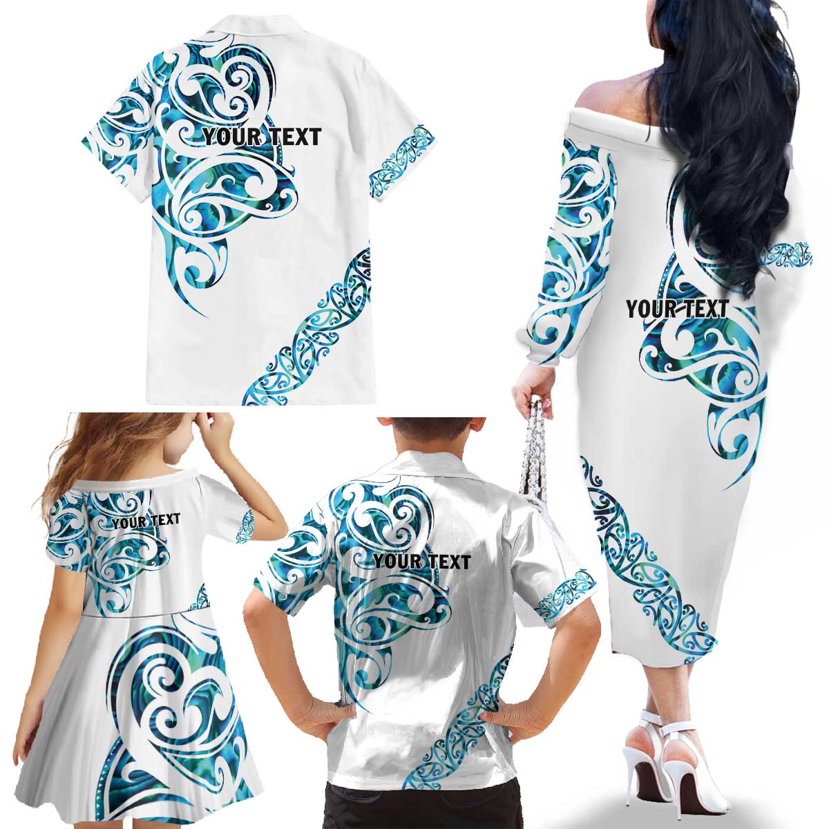 All White Maori Tribal Tattoo Personalised Family Matching Off The Shoulder Long Sleeve Dress and Hawaiian Shirt Polynesian Style