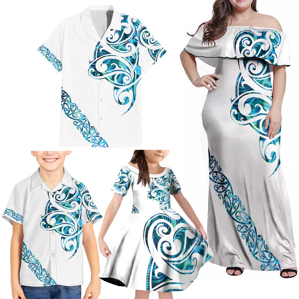 All White Maori Tribal Tattoo Personalised Family Matching Off Shoulder Maxi Dress and Hawaiian Shirt Polynesian Style