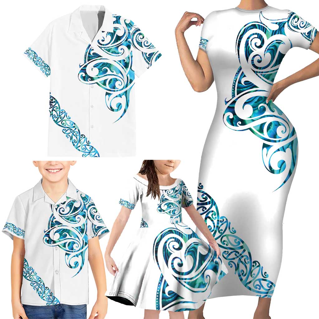 All White Maori Tribal Tattoo Personalised Family Matching Short Sleeve Bodycon Dress and Hawaiian Shirt Polynesian Style