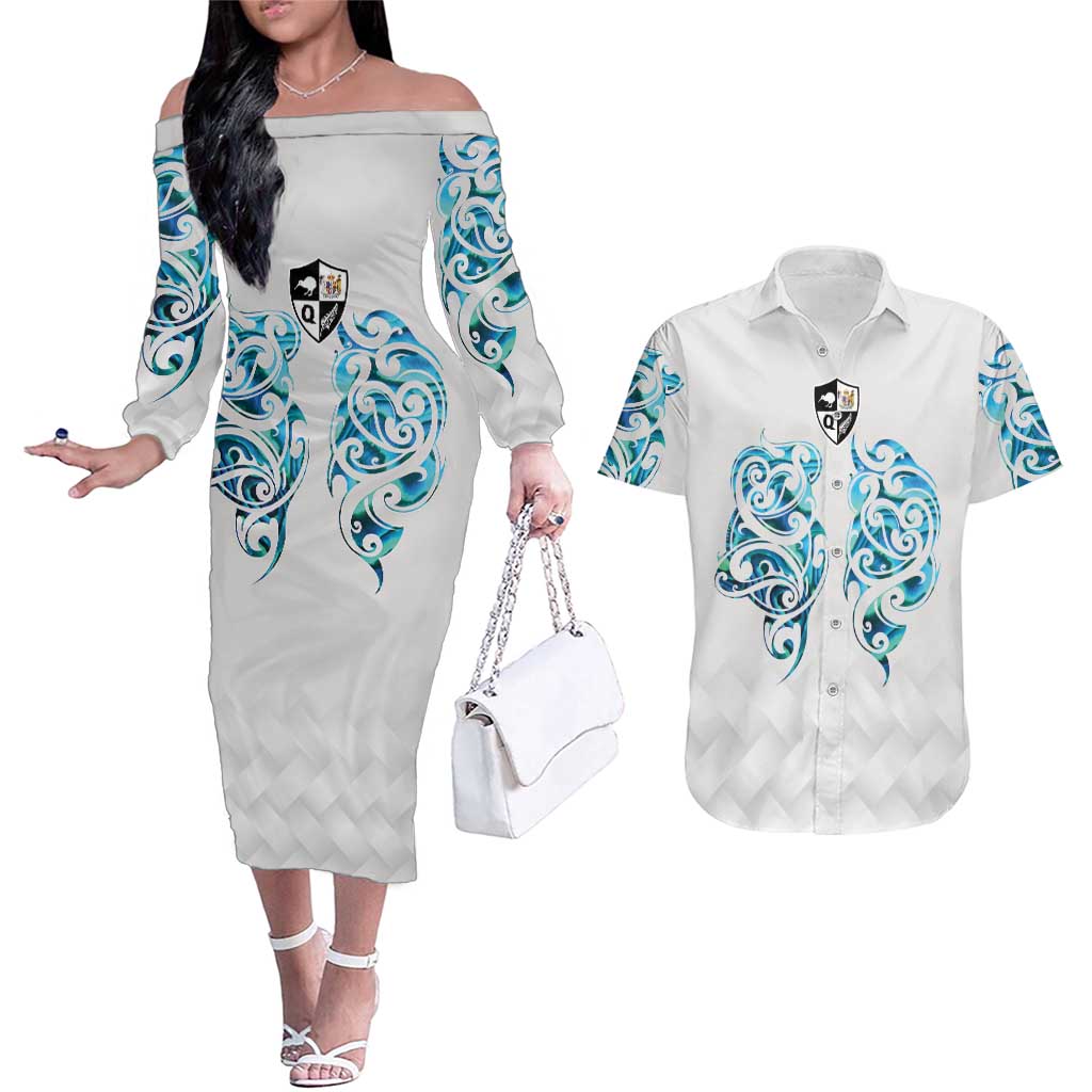 Queensland Maori Kiwi Personalised Couples Matching Off The Shoulder Long Sleeve Dress and Hawaiian Shirt Ma Kakariki Papua Shell Maori Tribal Tattoo LT9 White - Polynesian Pride