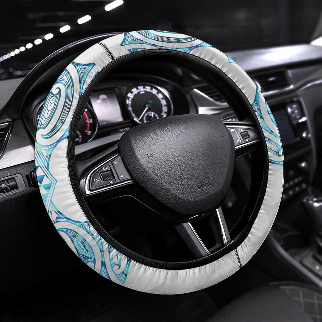 Queensland Maori Kiwi Steering Wheel Cover Ma Kakariki Papua Shell Maori Tribal Tattoo LT9 Universal Fit White - Polynesian Pride