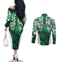 Queensland Maori Kiwi Personalised Couples Matching Off The Shoulder Long Sleeve Dress and Long Sleeve Button Shirt Kikirangi Papua Shell Maori Tribal Tattoo
