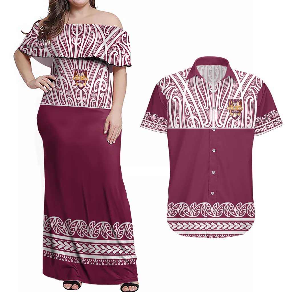 Queensland Maori Nga Hau E Wha Custom Couples Matching Off Shoulder Maxi Dress and Hawaiian Shirt Polynesian Maori Tribal Pattern LT9 Maroon - Polynesian Pride