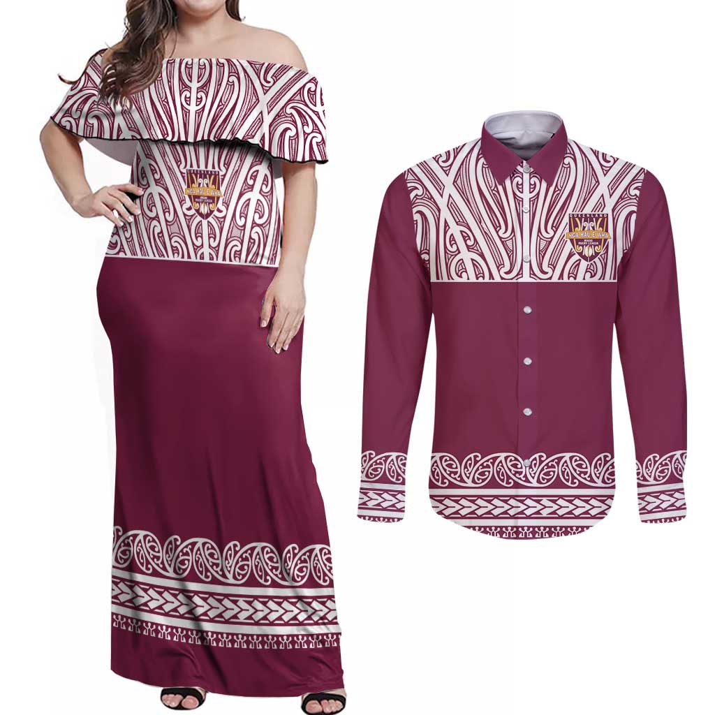 Queensland Maori Nga Hau E Wha Custom Couples Matching Off Shoulder Maxi Dress and Long Sleeve Button Shirt Polynesian Maori Tribal Pattern LT9 Maroon - Polynesian Pride
