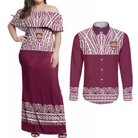 Queensland Maori Nga Hau E Wha Custom Couples Matching Off Shoulder Maxi Dress and Long Sleeve Button Shirt Polynesian Maori Tribal Pattern LT9 Maroon - Polynesian Pride