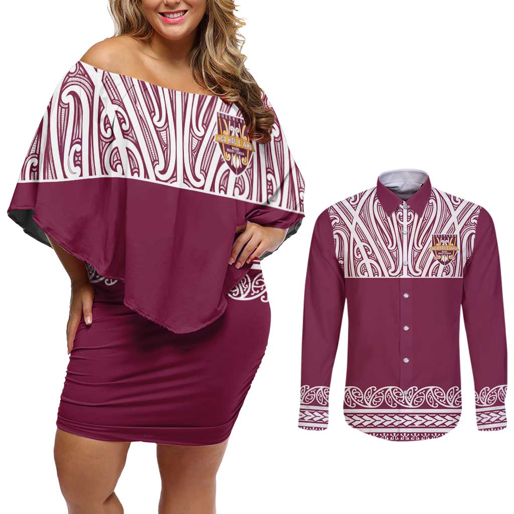 Queensland Maori Nga Hau E Wha Custom Couples Matching Off Shoulder Short Dress and Long Sleeve Button Shirt Polynesian Maori Tribal Pattern LT9 Maroon - Polynesian Pride