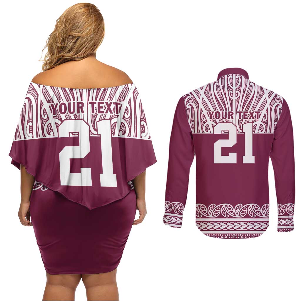Queensland Maori Nga Hau E Wha Custom Couples Matching Off Shoulder Short Dress and Long Sleeve Button Shirt Polynesian Maori Tribal Pattern LT9 - Polynesian Pride