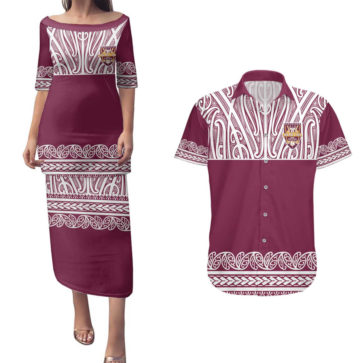 Queensland Maori Nga Hau E Wha Custom Couples Matching Puletasi and Hawaiian Shirt Polynesian Maori Tribal Pattern LT9 Maroon - Polynesian Pride