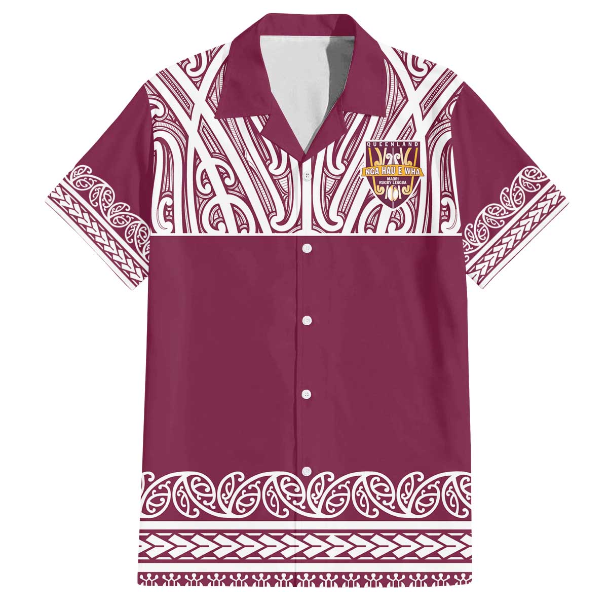 Queensland Maori Nga Hau E Wha Custom Family Matching Off The Shoulder Long Sleeve Dress and Hawaiian Shirt Polynesian Maori Tribal Pattern LT9 Dad's Shirt - Short Sleeve Maroon - Polynesian Pride