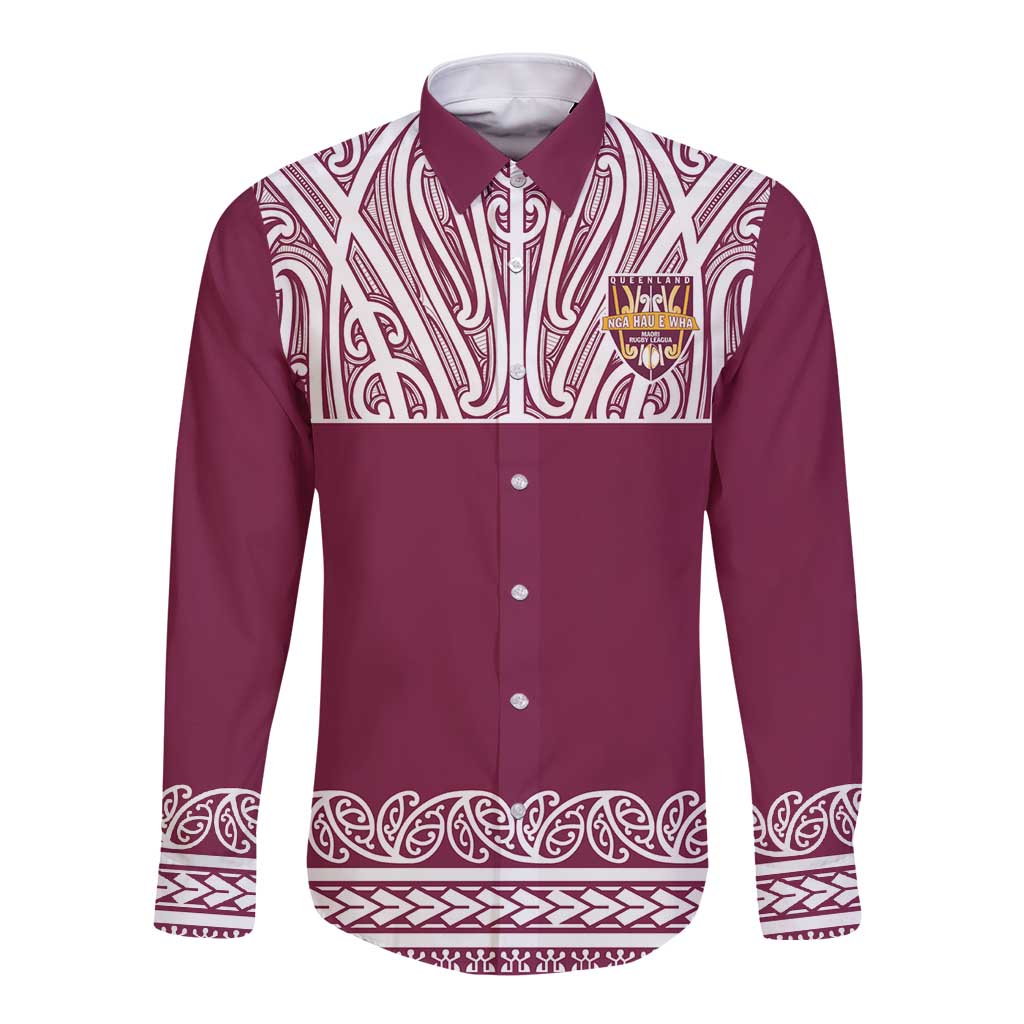 Queensland Maori Nga Hau E Wha Custom Long Sleeve Button Shirt Polynesian Maori Tribal Pattern LT9 Unisex Maroon - Polynesian Pride