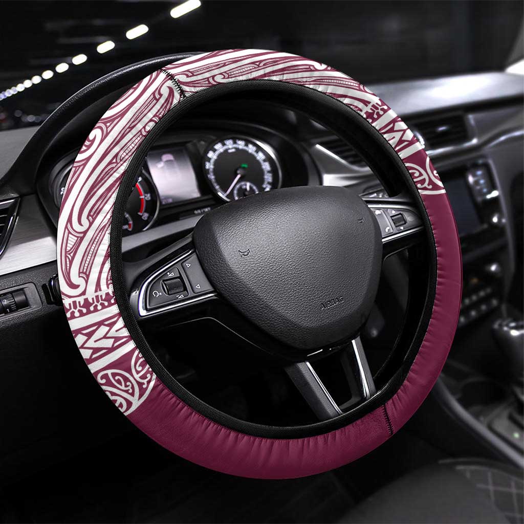 Queensland Maori Nga Hau E Wha Steering Wheel Cover Polynesian Maori Tribal Pattern LT9 Universal Fit Maroon - Polynesian Pride