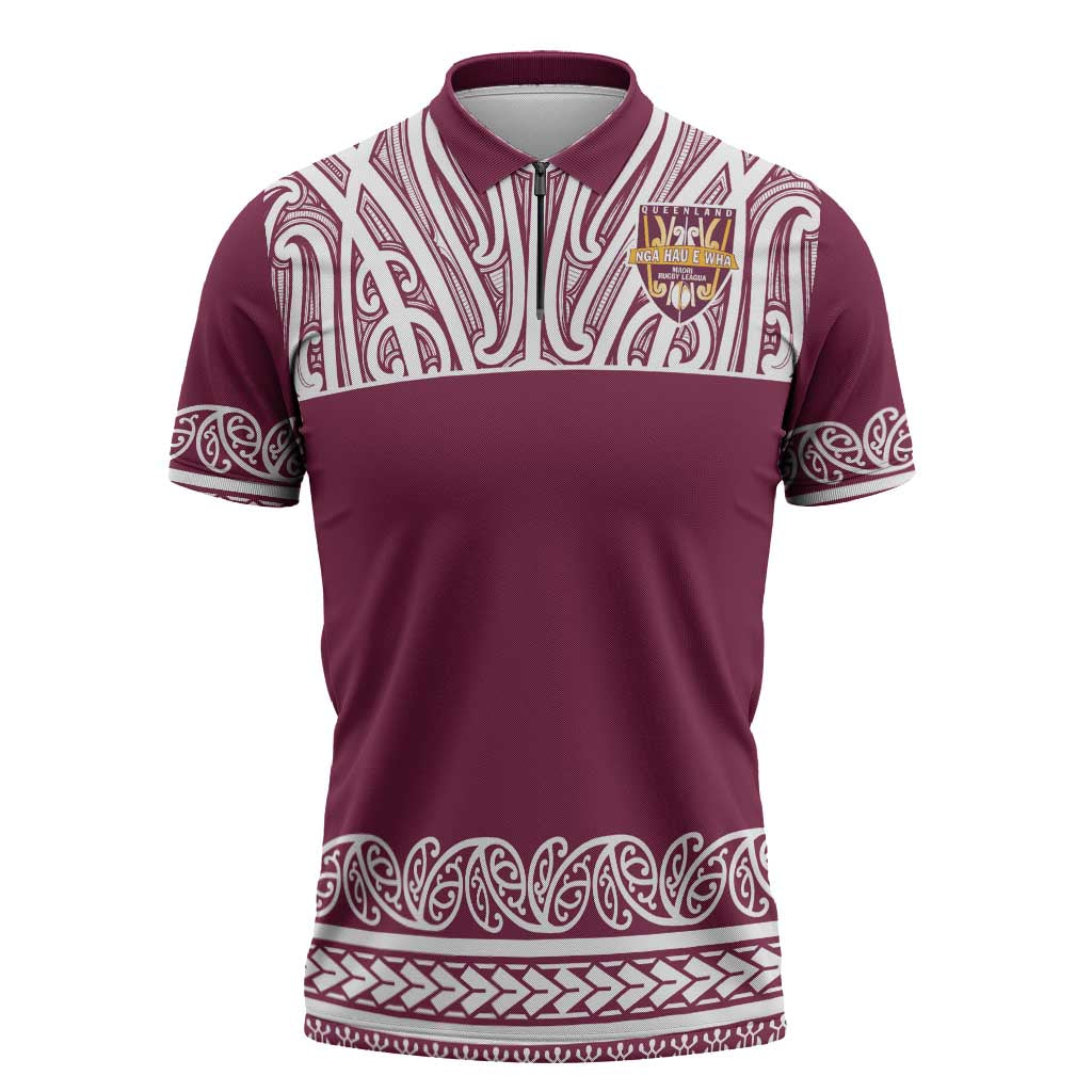 Queensland Maori Nga Hau E Wha Custom Zipper Polo Shirt Polynesian Maori Tribal Pattern - Polynesian Pride