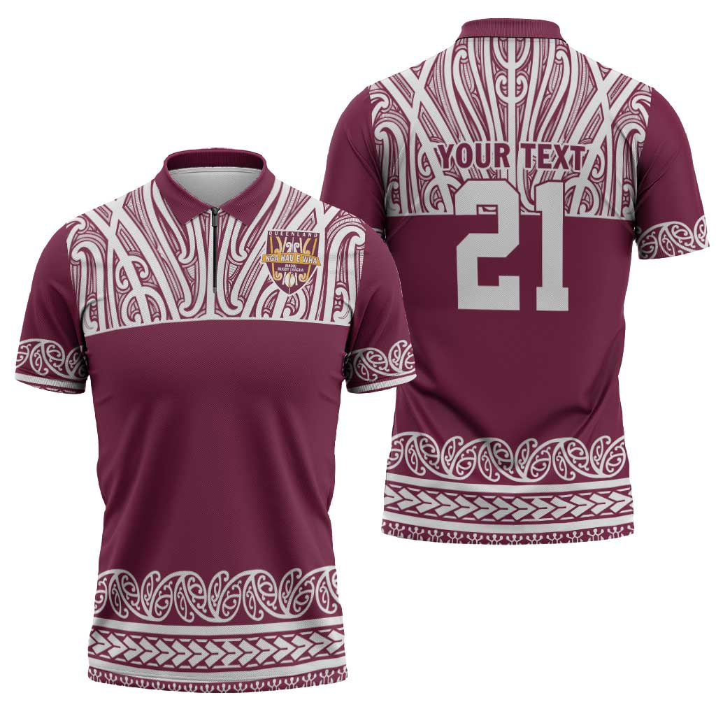Queensland Maori Nga Hau E Wha Custom Zipper Polo Shirt Polynesian Maori Tribal Pattern - Polynesian Pride