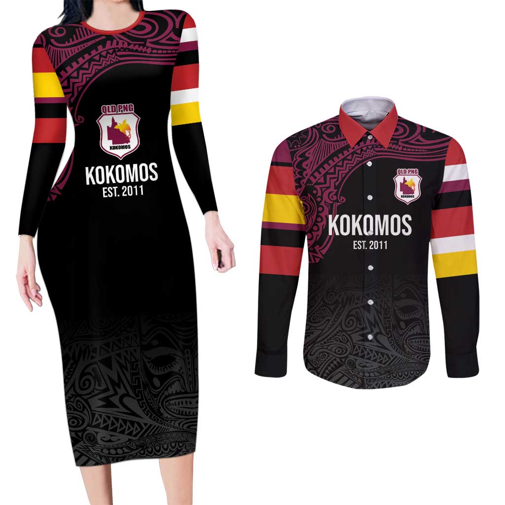 Queensland Papua New Guinea Custom Couples Matching Long Sleeve Bodycon Dress and Long Sleeve Button Shirt All Black Pacific PNG Tribal Style LT9 Black - Polynesian Pride