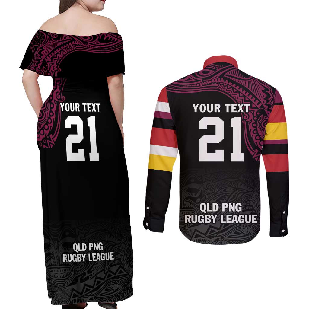 Queensland Papua New Guinea Custom Couples Matching Off Shoulder Maxi Dress and Long Sleeve Button Shirt All Black Pacific PNG Tribal Style