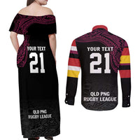 Queensland Papua New Guinea Custom Couples Matching Off Shoulder Maxi Dress and Long Sleeve Button Shirt All Black Pacific PNG Tribal Style