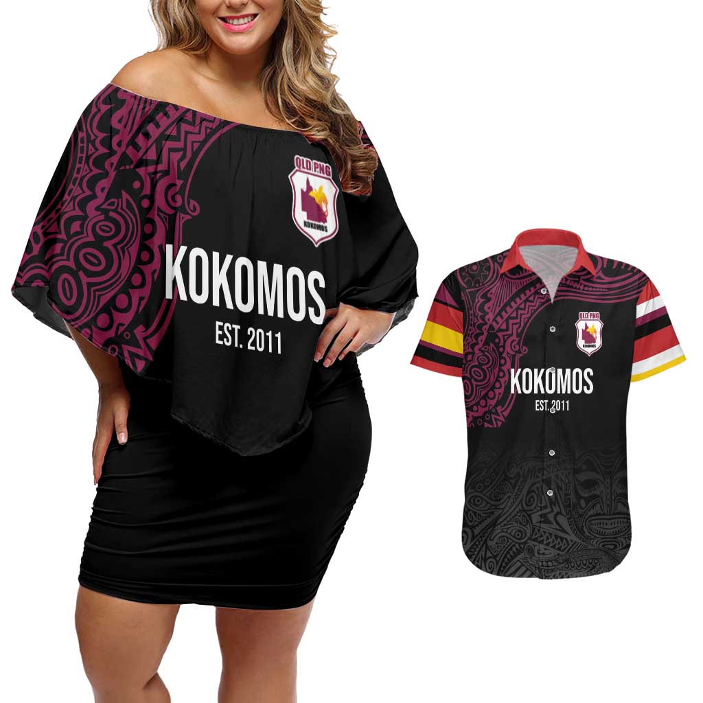 Queensland Papua New Guinea Custom Couples Matching Off Shoulder Short Dress and Hawaiian Shirt All Black Pacific PNG Tribal Style LT9 Black - Polynesian Pride