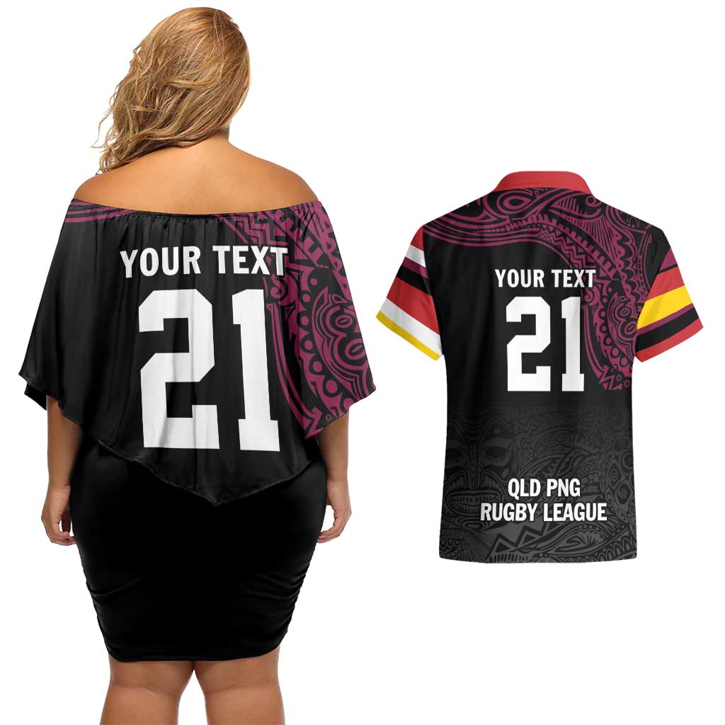 Queensland Papua New Guinea Custom Couples Matching Off Shoulder Short Dress and Hawaiian Shirt All Black Pacific PNG Tribal Style