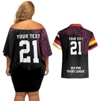 Queensland Papua New Guinea Custom Couples Matching Off Shoulder Short Dress and Hawaiian Shirt All Black Pacific PNG Tribal Style