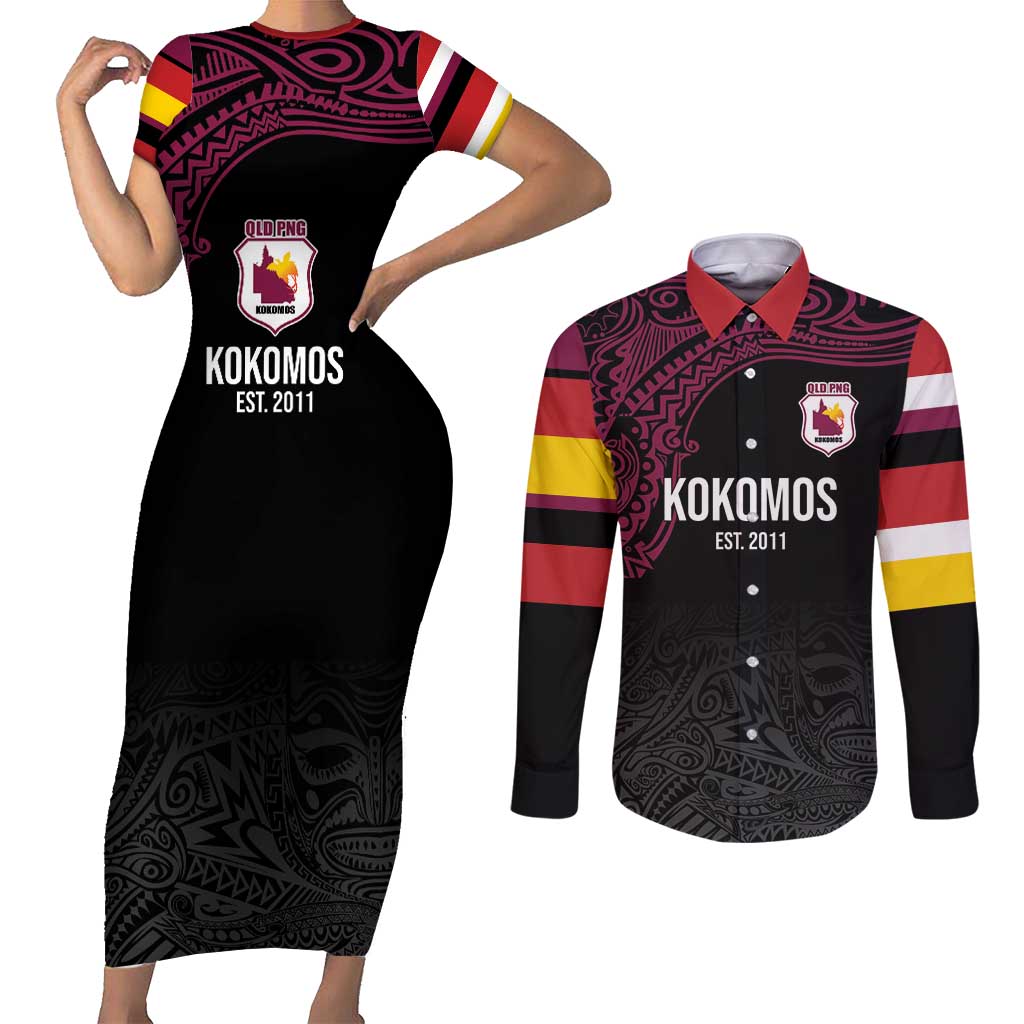 Queensland Papua New Guinea Custom Couples Matching Short Sleeve Bodycon Dress and Long Sleeve Button Shirt All Black Pacific PNG Tribal Style LT9 Black - Polynesian Pride
