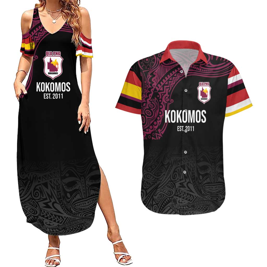 Queensland Papua New Guinea Custom Couples Matching Summer Maxi Dress and Hawaiian Shirt All Black Pacific PNG Tribal Style LT9 Black - Polynesian Pride