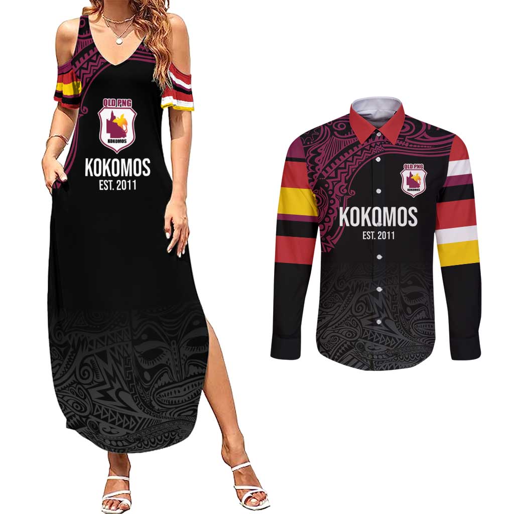 Queensland Papua New Guinea Custom Couples Matching Summer Maxi Dress and Long Sleeve Button Shirt All Black Pacific PNG Tribal Style LT9 Black - Polynesian Pride
