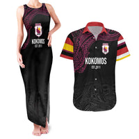 Queensland Papua New Guinea Custom Couples Matching Tank Maxi Dress and Hawaiian Shirt All Black Pacific PNG Tribal Style