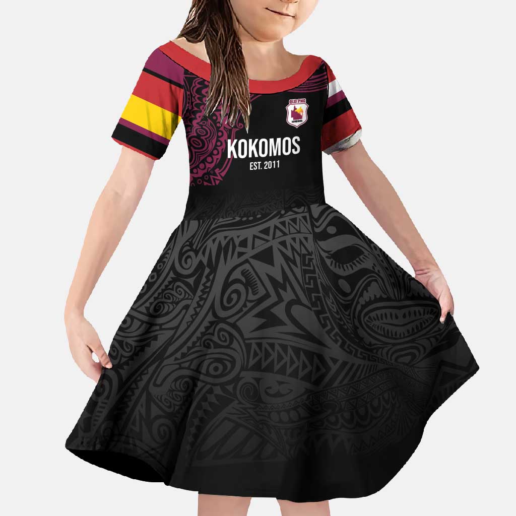 Queensland Papua New Guinea Custom Family Matching Long Sleeve Bodycon Dress and Hawaiian Shirt All Black Pacific PNG Tribal Style