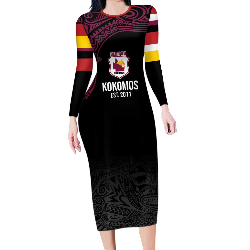 Queensland Papua New Guinea Custom Family Matching Long Sleeve Bodycon Dress and Hawaiian Shirt All Black Pacific PNG Tribal Style